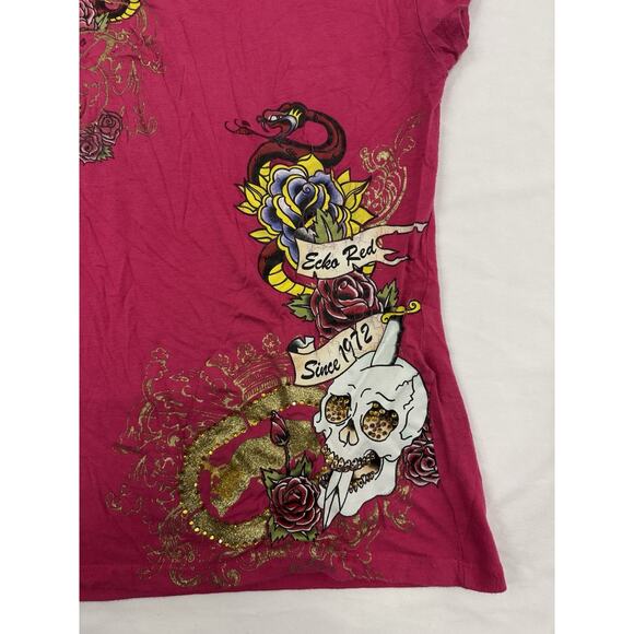 Vtg Y2K Women’s Ecko Hot Pink Babydoll Top Fitted Tattoo Grunge McBling Large - Picture 2 of 12